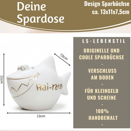 KI-generiertes Bild,Keramik Sparschwein Spruch Hai-Raten Weiß Gold Hochzeit Spardose Sparbüchse
