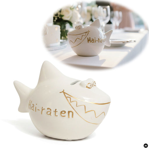 Keramik Sparschwein Spruch Hai-Raten Hochzeit Weiß Gold Spardose Sparbüchse