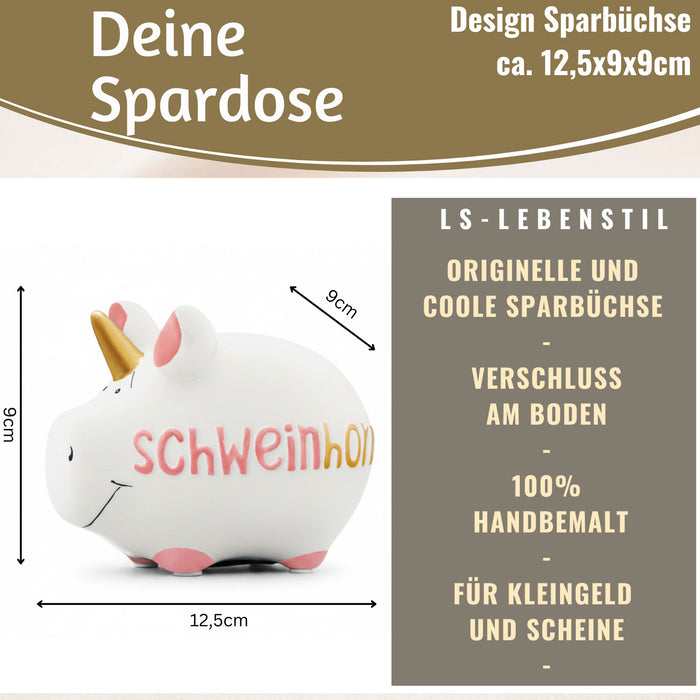KI-generiertes Bild,Keramik Sparschwein Spruch Schweinhorn Weiß Rosa Gold Spardose Sparbüchse