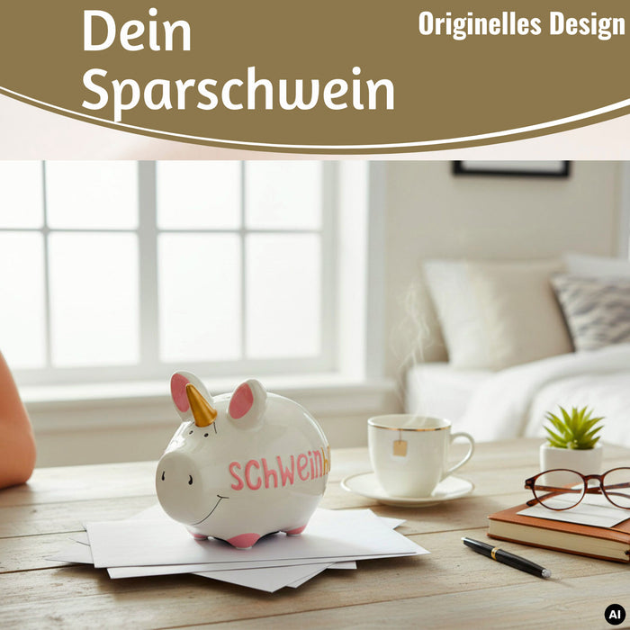 KI-generiertes Bild,Keramik Sparschwein Spruch Schweinhorn Weiß Rosa Gold Spardose Sparbüchse