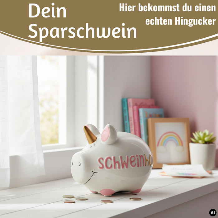 Keramik Sparschwein Spruch Schweinhorn Weiß Rosa Gold Spardose Sparbüc — LS-LebenStil