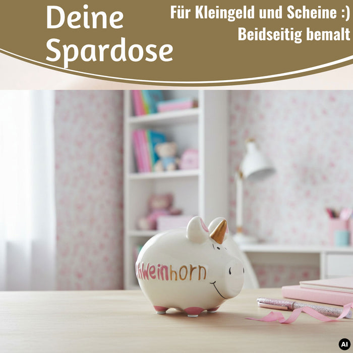 KI-generiertes Bild,Keramik Sparschwein Spruch Schweinhorn Weiß Rosa Gold Spardose Sparbüchse