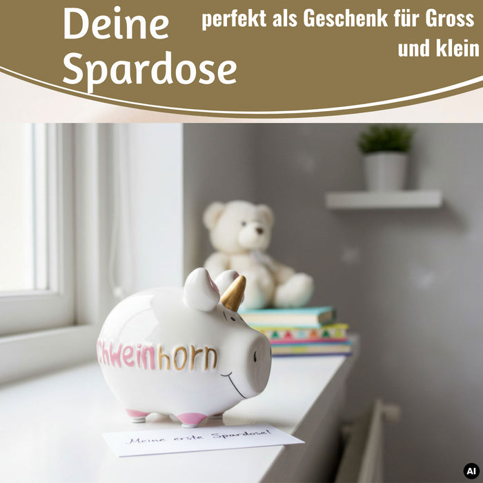 Keramik Sparschwein Spruch Schweinhorn Weiß Rosa Gold Spardose Sparbüc — LS-LebenStil