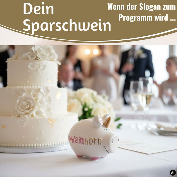 KI-generiertes Bild,Keramik Sparschwein Spruch Schweinhorn Weiß Rosa Gold Spardose Sparbüchse