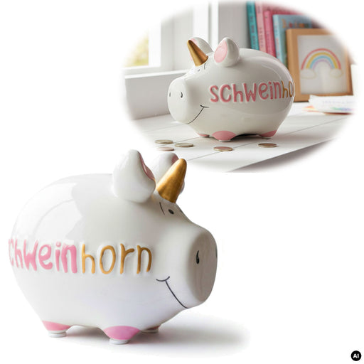 Keramik Sparschwein Spruch Schweinhorn Weiß Rosa Gold Spardose Sparbüchse