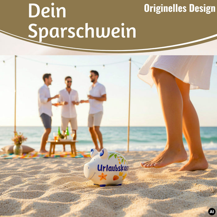 KI-generiertes Bild,Keramik Sparschwein Spruch Urlaubskasse Weiß Blau Spardose Sparbüchse