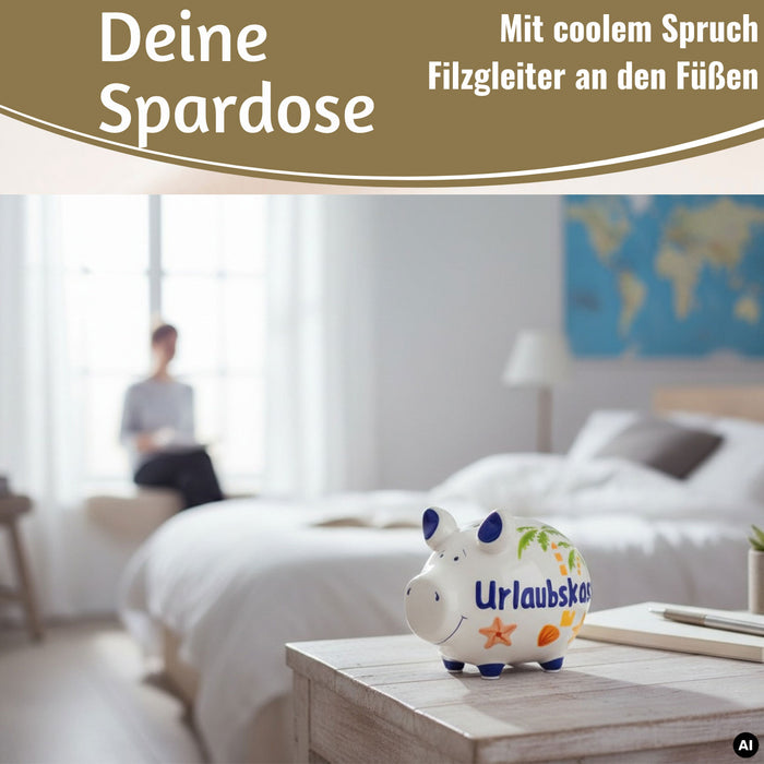 KI-generiertes Bild,Keramik Sparschwein Spruch Urlaubskasse Weiß Blau Spardose Sparbüchse