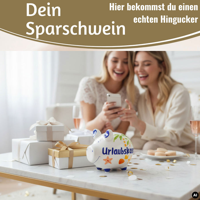 KI-generiertes Bild,Keramik Sparschwein Spruch Urlaubskasse Weiß Blau Spardose Sparbüchse