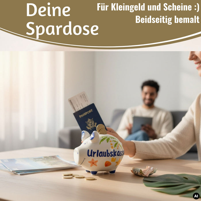 KI-generiertes Bild,Keramik Sparschwein Spruch Urlaubskasse Weiß Blau Spardose Sparbüchse