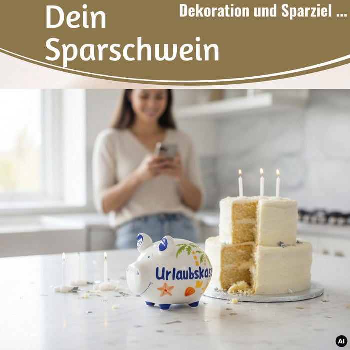 KI-generiertes Bild,Keramik Sparschwein Spruch Urlaubskasse Weiß Blau Spardose Sparbüchse
