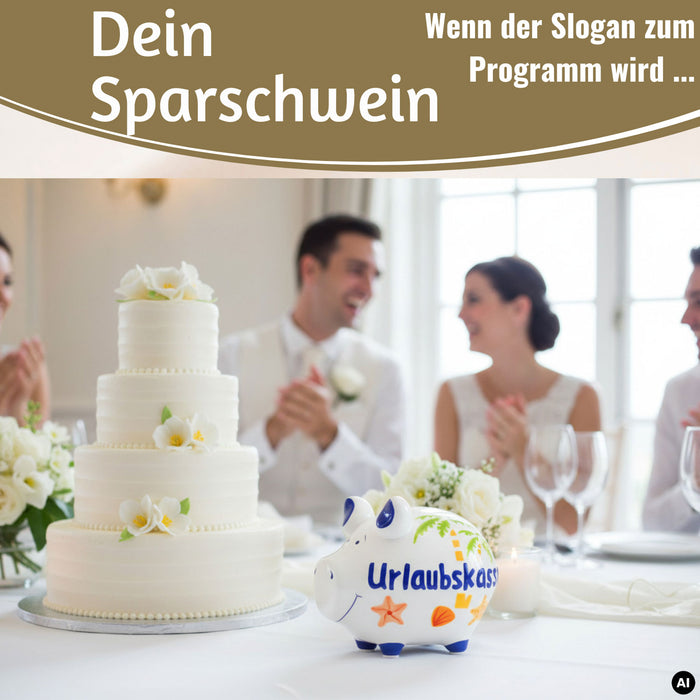 KI-generiertes Bild,Keramik Sparschwein Spruch Urlaubskasse Weiß Blau Spardose Sparbüchse