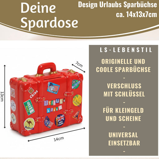 Keramik Sparschwein Koffer Spruch Urlaubskasse Rot Blau Grün Spardose Sparbüchse