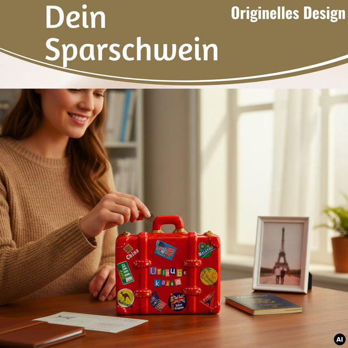 KI-generiertes Bild,Keramik Sparschwein Koffer Spruch Urlaubskasse Rot Blau Grün Spardose Sparbüchse