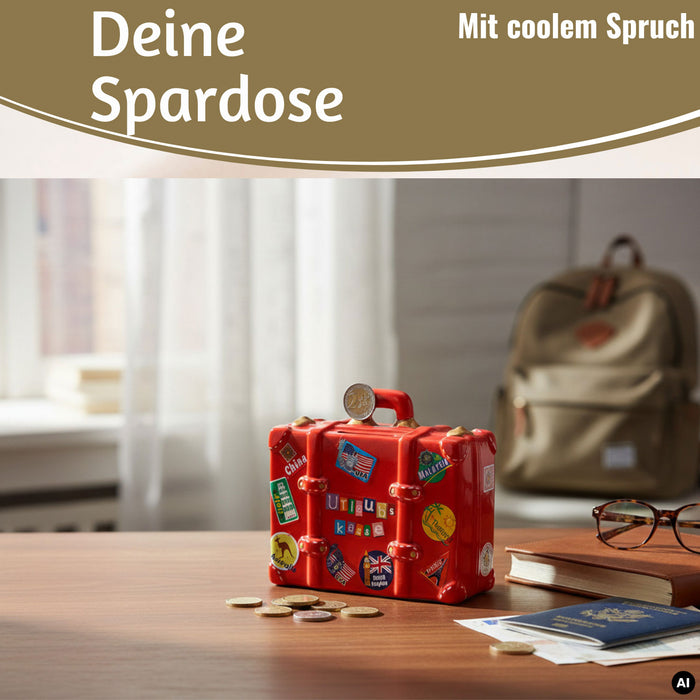 KI-generiertes Bild,Keramik Sparschwein Koffer Spruch Urlaubskasse Rot Blau Grün Spardose Sparbüchse