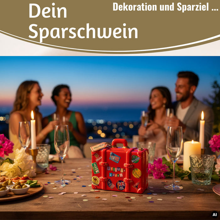 KI-generiertes Bild,Keramik Sparschwein Koffer Spruch Urlaubskasse Rot Blau Grün Spardose Sparbüchse
