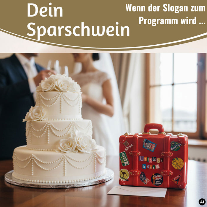 KI-generiertes Bild,Keramik Sparschwein Koffer Spruch Urlaubskasse Rot Blau Grün Spardose Sparbüchse