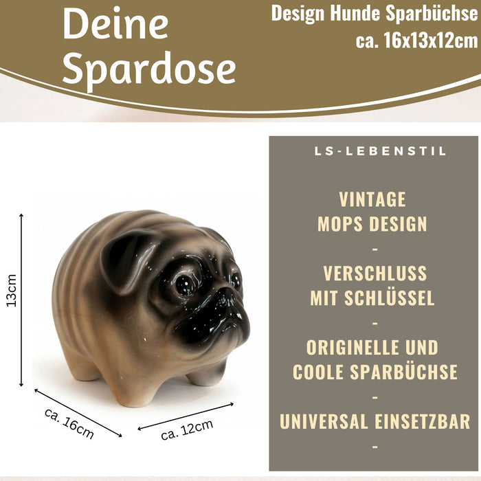 Keramik Hunde Spardose Mops 13cm Sparbüchse Sparschwein abschließbar Geschenk