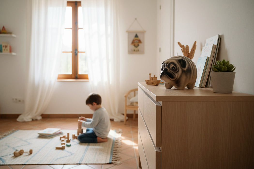 Keramik Hunde Spardose Mops 13cm Sparbüchse Sparschwein abschließbar Geschenk