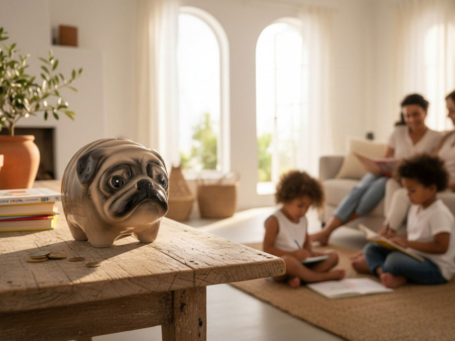 Keramik Hunde Spardose Mops 13cm Sparbüchse Sparschwein abschließbar Geschenk