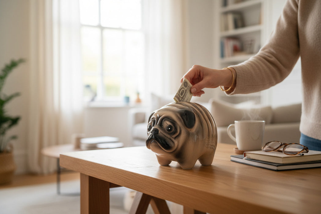 Keramik Hunde Spardose Mops 13cm Sparbüchse Sparschwein abschließbar Geschenk