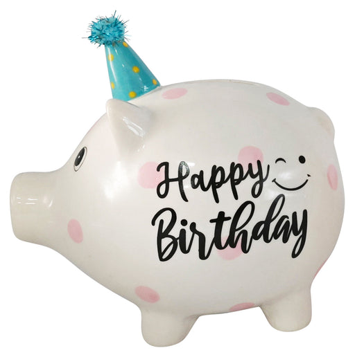 Keramik Sparschwein Blau Schwein 14x11cm Happy Birthday mit Partyhut Spardose