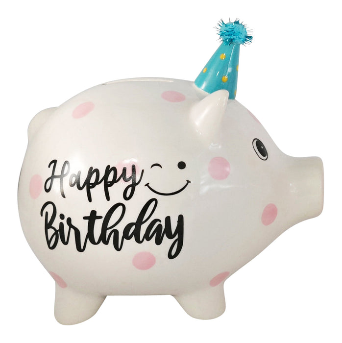 KI-generiertes Bild,Keramik Sparschwein Blau Schwein 14x11cm Happy Birthday mit Partyhut Spardose
