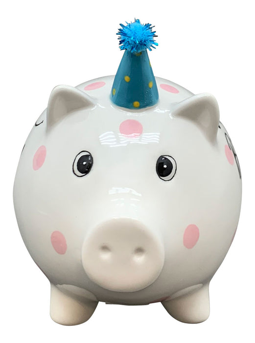 KI-generiertes Bild,Keramik Sparschwein Blau Schwein 14x11cm Happy Birthday mit Partyhut Spardose