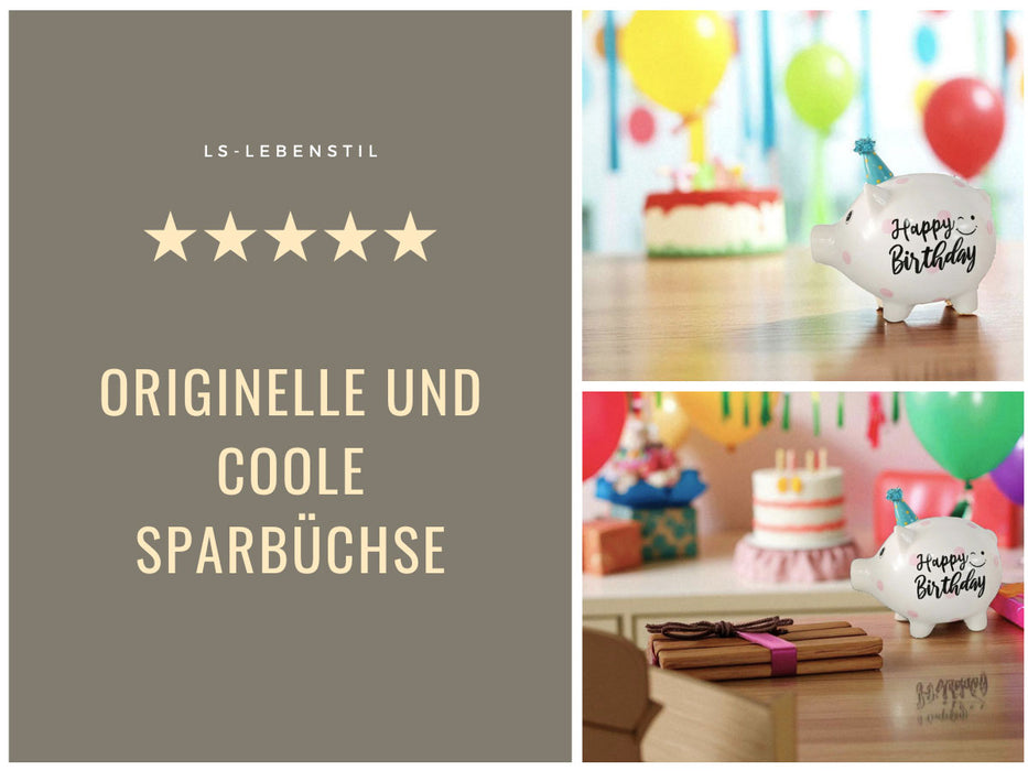 KI-generiertes Bild,Keramik Sparschwein Blau Schwein 14x11cm Happy Birthday mit Partyhut Spardose