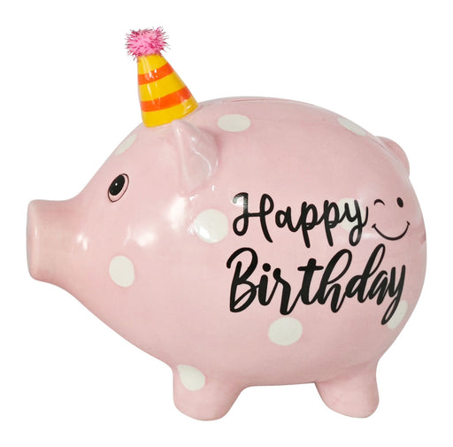 Keramik Sparschwein Rosa Schwein 14x11cm Happy Birthday mit Partyhut Spardose