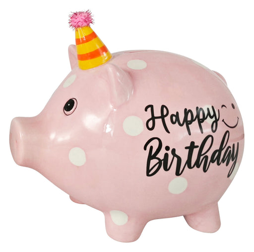 KI-generiertes Bild,Keramik Sparschwein Rosa Schwein 14x11cm Happy Birthday mit Partyhut Spardose
