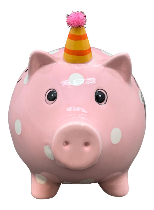 KI-generiertes Bild,Keramik Sparschwein Rosa Schwein 14x11cm Happy Birthday mit Partyhut Spardose