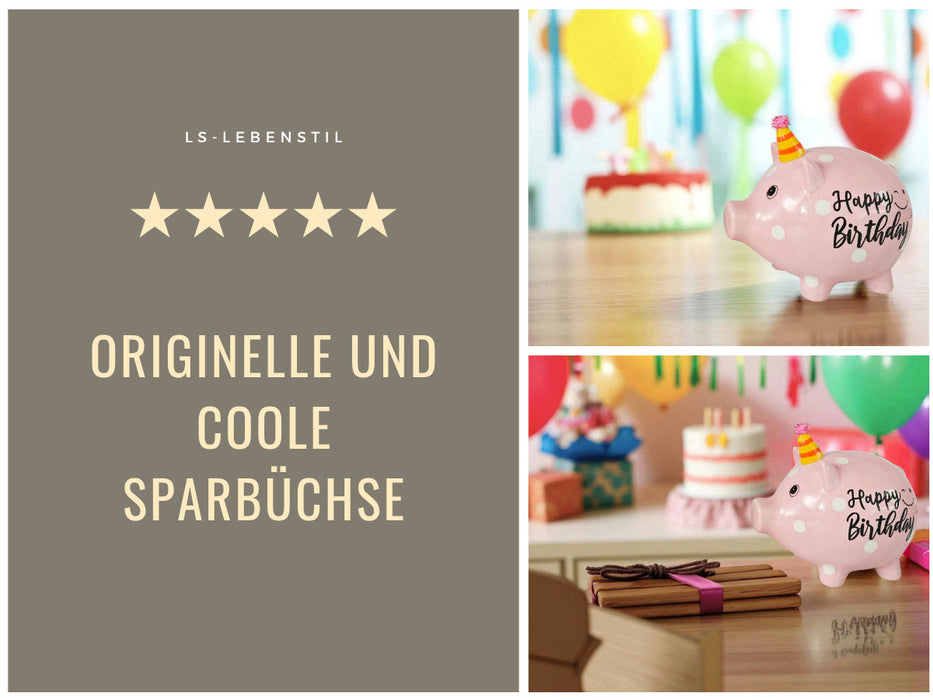 KI-generiertes Bild,Keramik Sparschwein Rosa Schwein 14x11cm Happy Birthday mit Partyhut Spardose