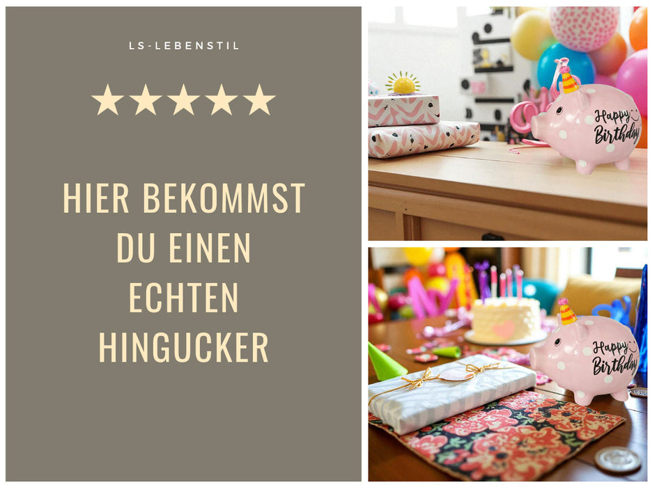 Keramik Sparschwein Rosa Schwein 14x11cm Happy Birthday mit Partyhut Spardose