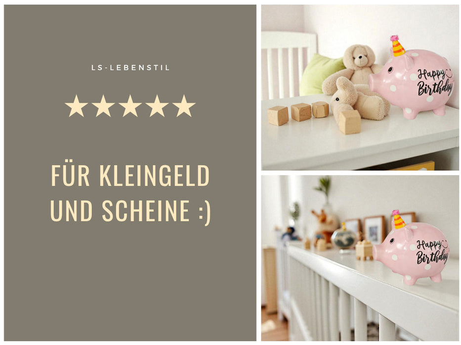 KI-generiertes Bild,Keramik Sparschwein Rosa Schwein 14x11cm Happy Birthday mit Partyhut Spardose