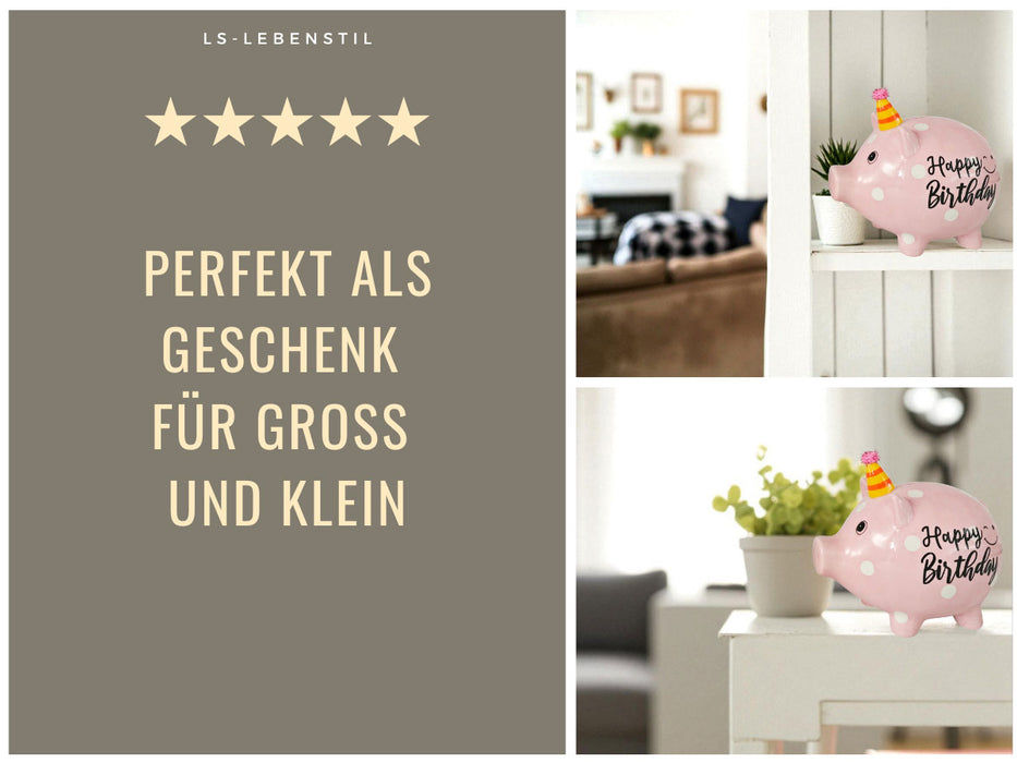 KI-generiertes Bild,Keramik Sparschwein Rosa Schwein 14x11cm Happy Birthday mit Partyhut Spardose