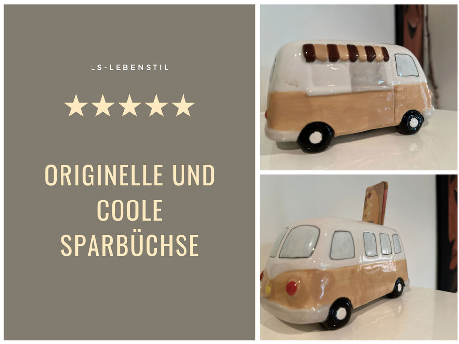 KI-generiertes Bild,Keramik Sparschwein Retro Mini-Bus Design 16x12x9cm Sparbüchse Spardose