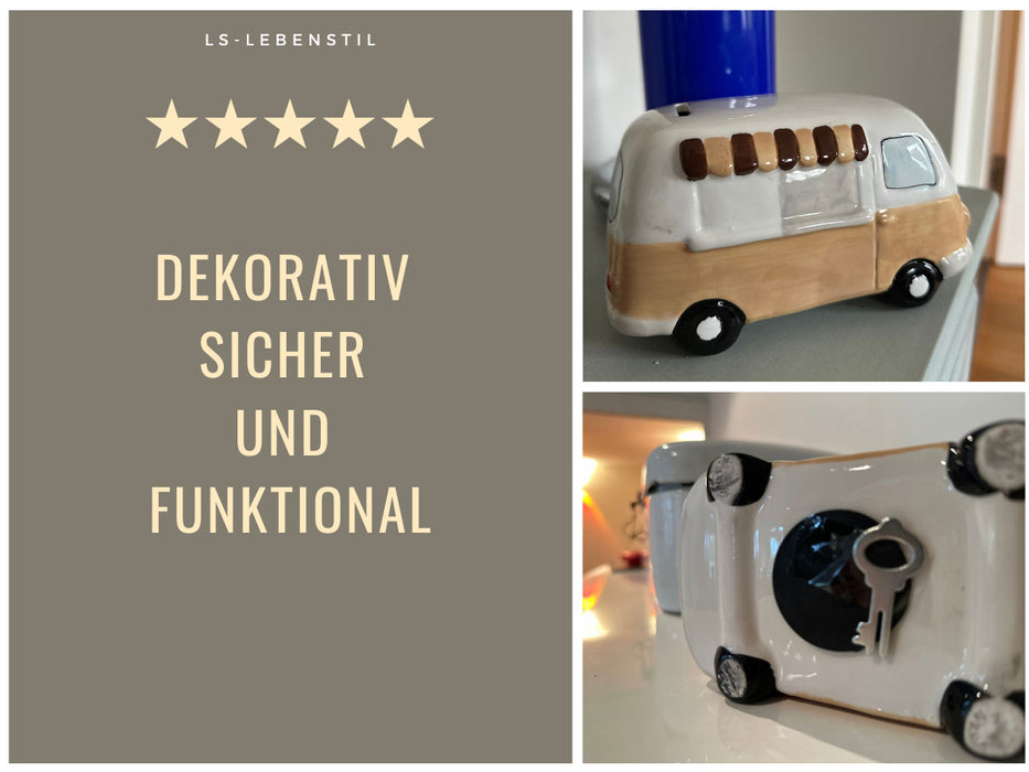 KI-generiertes Bild,Keramik Sparschwein Retro Mini-Bus Design 16x12x9cm Sparbüchse Spardose