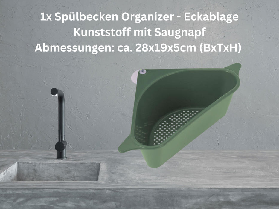 Spülbecken Organizer Dreieck Grün Abtropfsieb Schwammhalter Abflusskorb Saugnapf