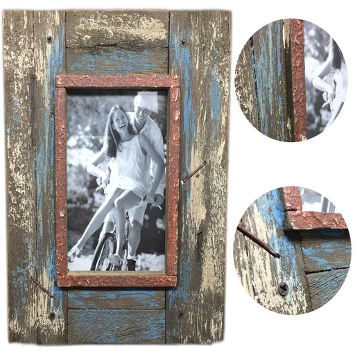 Vintage Holz Bilderrahmen 10x15cm Recycelt Grau Blau Aufsteller Fotorahmen