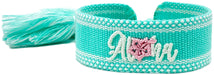 Canvas Statement Armband Aloha Türkis Weiß Rosa Quasten besticktes Webarmband