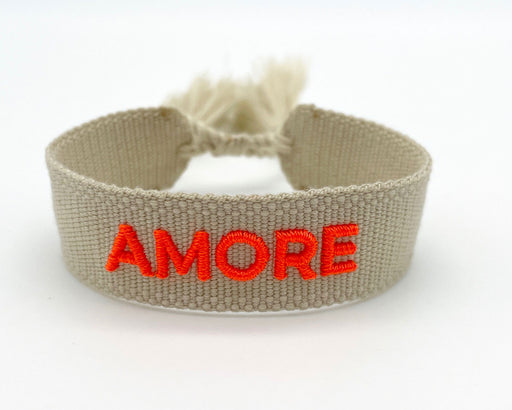 Canvas Statement Armband Amore ❤️ Beige Quasten besticktes Webarmband