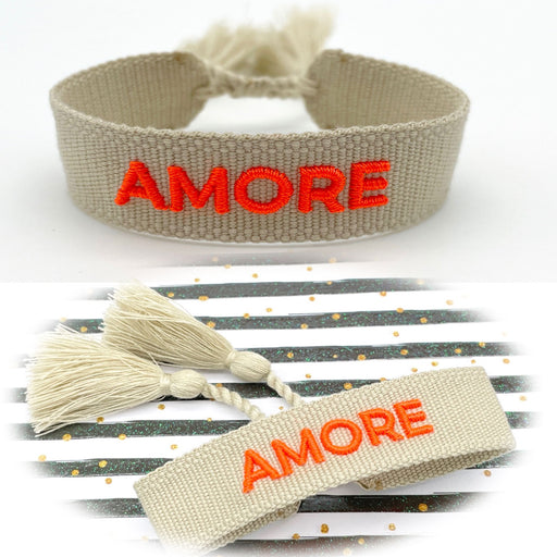 Canvas Statement Armband Amore ❤️ Beige Quasten besticktes Webarmband