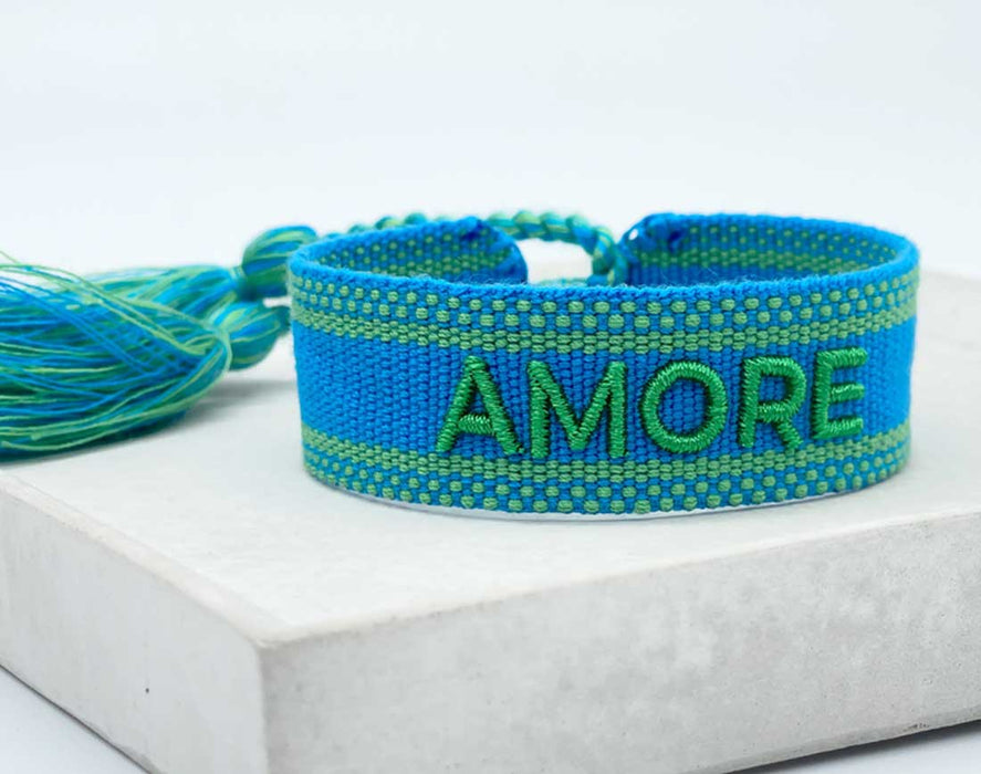 Canvas Statement Armband Amore ❤️ Blau Grün Quasten besticktes Webarmband