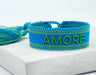Canvas Statement Armband Amore ❤️ Blau Grün Quasten besticktes Webarmband