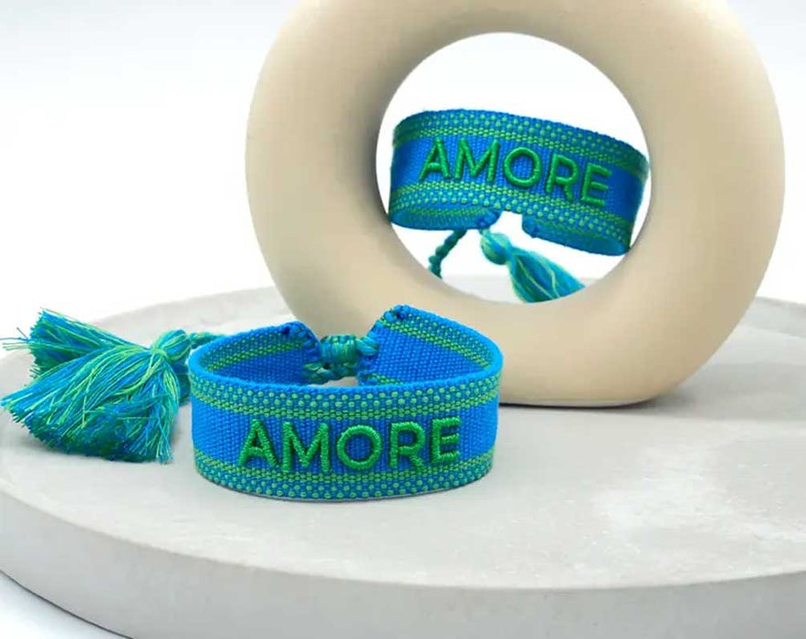 Canvas Statement Armband Amore ❤️ Blau Grün Quasten besticktes Webarmband