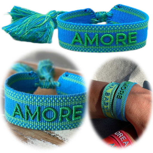 Canvas Statement Armband Amore ❤️ Blau Grün Quasten besticktes Webarmband