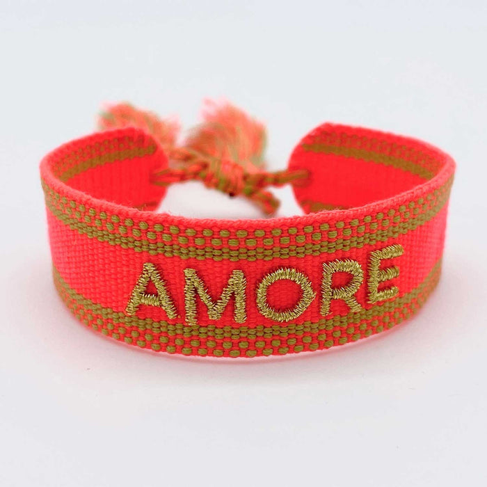 Canvas Statement Armband Amore ❤️ Neon Gold Quasten besticktes Webarmband