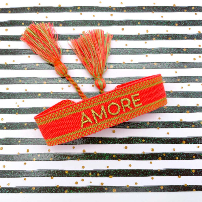 Canvas Statement Armband Amore ❤️ Neon Gold Quasten besticktes Webarmband
