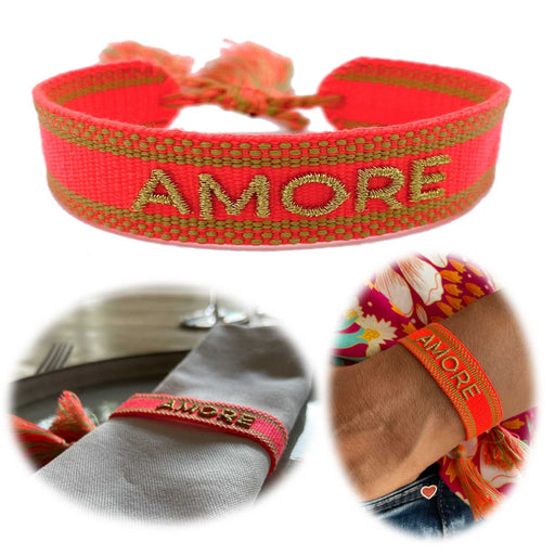 Canvas Statement Armband Amore ❤️ Neon Gold Quasten besticktes Webarmband