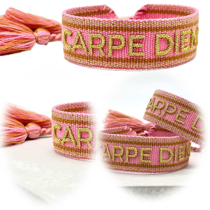 Canvas Statement Armband Carpe Diem Rose Gold Quasten besticktes Webarmband